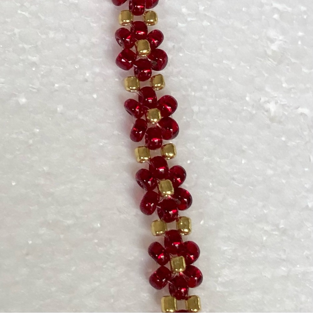Handcrafted Daisy Beaded Flower Bracelet  Or Anklet, Red & Gold Glass Beads